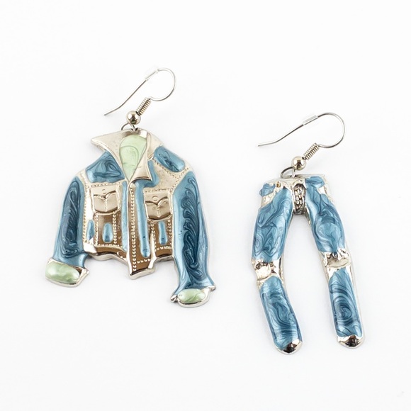 Vintage Jewelry - 1980's Enamel Denim Jeans and Jean Jacket Earrings
